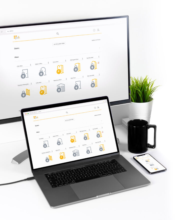 ProdataKey (PDK) access control systems screens displayed on desktop, laptop, and mobile devices