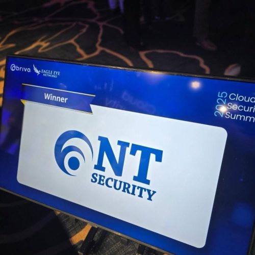 Stage monitor showing screenshot of NT Security awarded 2025 Innovator of the Year at Cloud Security Summit